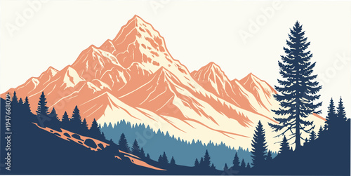 A mountain landscape with a pine tree and snow capped mountains Vector