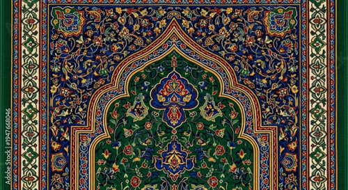 A vibrant and intricate Islamic prayer rug with floral patterns and arches