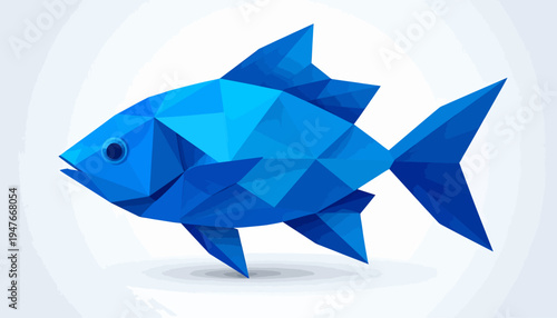 A vibrant blue geometric fish illustration with a low-poly design, swimming against a light background.