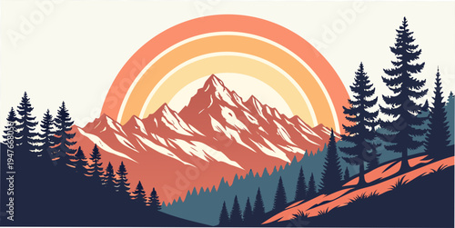 Sunset over mountain range with trees Vector