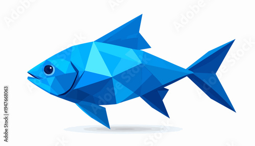 A blue fish rendered in a modern low-poly geometric art style, swimming gracefully.