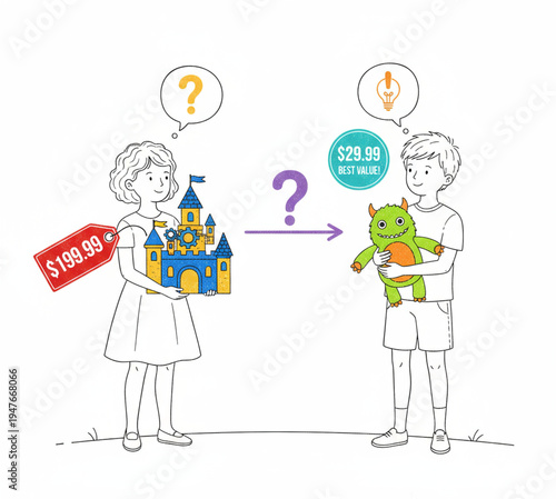 Children exchanging toys, one with a price tag and the other with a lightbulb idea, symbolizing value and creativity