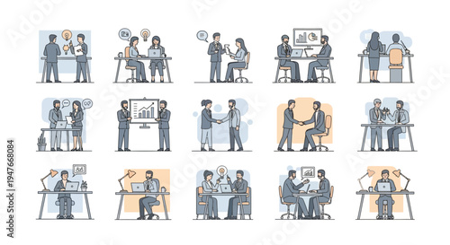 Minimalist flat vector illustration set of office teamwork scenes arranged in a grid layout.