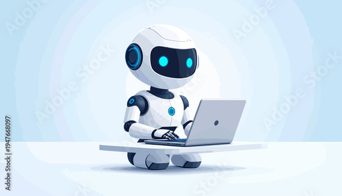 A cute white robot with glowing blue eyes is sitting and diligently typing on a silver laptop against a clean, light blue background.