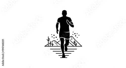 Silhouette of a runner in motion against a stylized landscape.