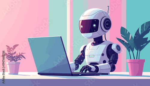 A cute white robot with a dark screen face typing on a laptop at a desk with potted plants in a pastel room.