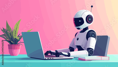 A white humanoid robot with an antenna sits at a teal desk, typing on a silver laptop next to a potted plant, against a pink and orange gradient background.