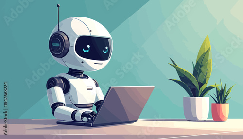 A friendly white robot with blue eyes sits at a desk, diligently working on a laptop next to two potted plants.