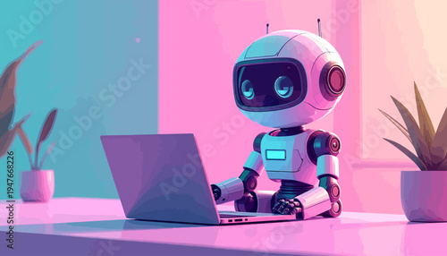 A cute white robot with large eyes sits at a desk, diligently typing on a laptop, bathed in vibrant pink and blue neon light.