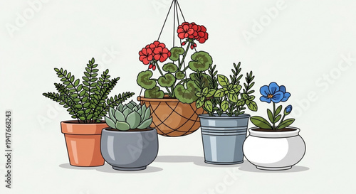 A colorful illustration of potted plants with vibrant flowers and lush greenery in various pots