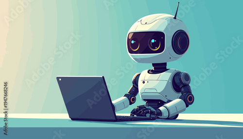 Futuristic robot assistant diligently typing on a laptop, symbolizing the advancement of artificial intelligence and the future of digital work and innovation