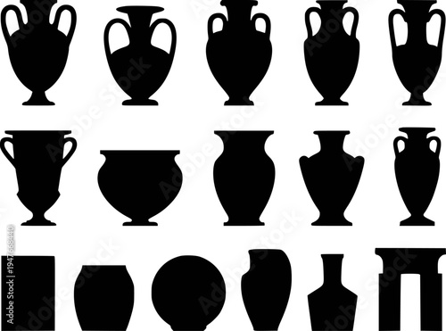 Collection of black silhouette ancient Greek amphorae vases and urns white background