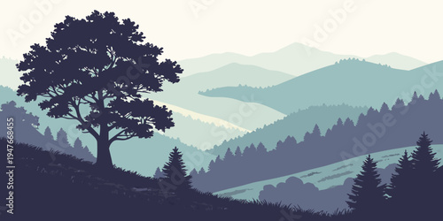 A tree on a hill overlooking mountains Vector