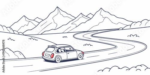 A car drives on a snowy road in the mountains Vector