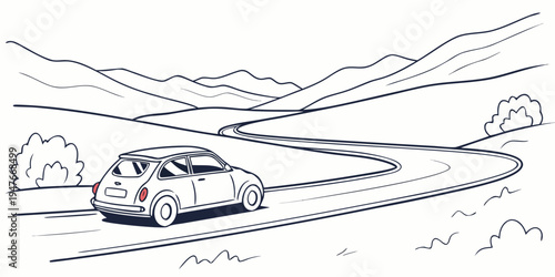 A car drives down a snowy road in the mountains Vector