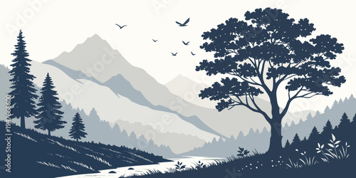 A serene landscape with a tree and mountains Vector
