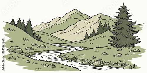 A serene mountain landscape with a stream and trees Vector