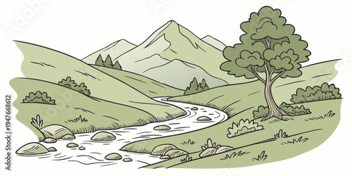 A serene mountain landscape with a tree and a stream Vector