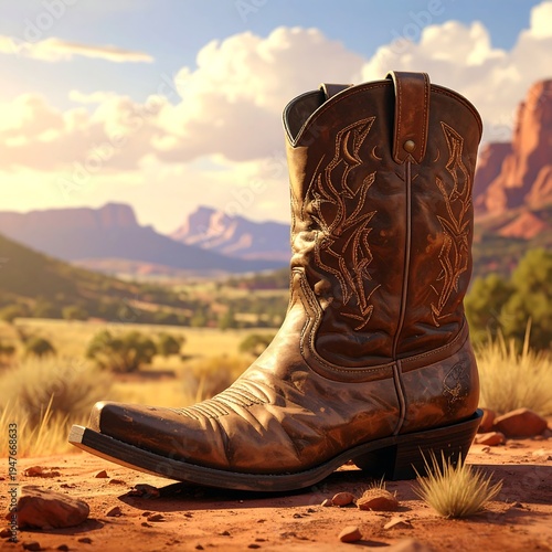 A worn leather cowboy boot in a desert landscape