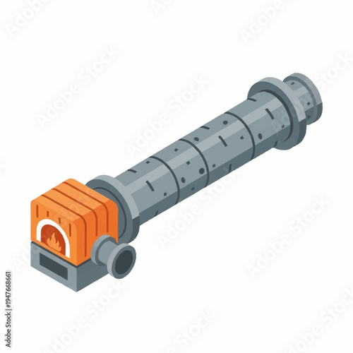 Isometric illustration of a furnace with an orange firebox and a long, gray, segmented chimney.