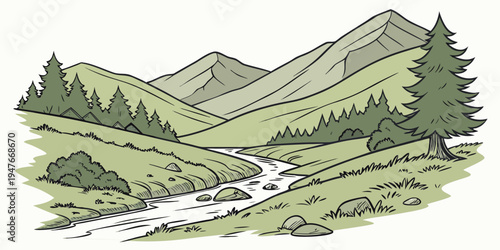 A serene mountain landscape with a stream Vector