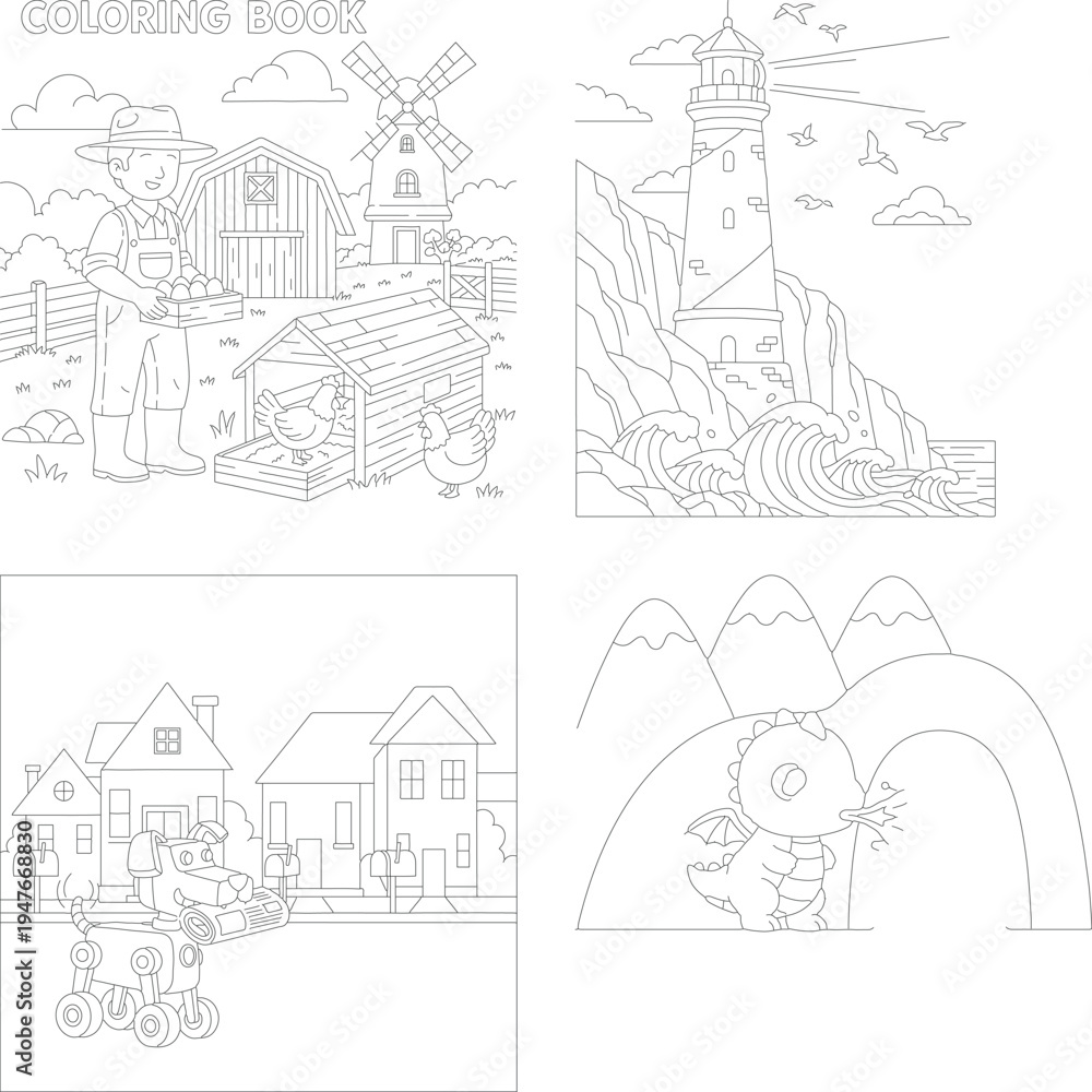 Obraz premium Charming children's coloring book pages: farmer, lighthouse, town train, and cute dragon scenes, chicken coop, ocean waves