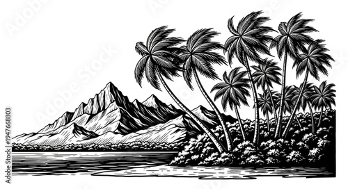 Tropical island landscape with palm trees and mountains.