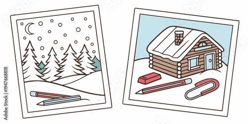 A winter scene with a house and a snowy landscape Vector