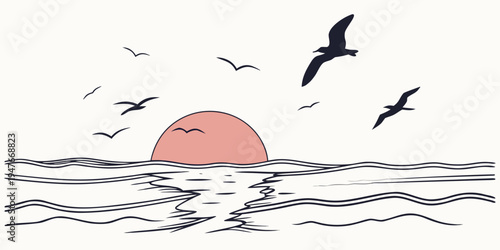 Seagulls fly over the ocean at sunset Vector