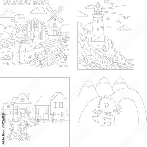Charming children's coloring book pages: farmer, lighthouse, town train, and cute dragon scenes, chicken coop, ocean waves