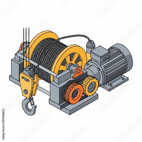 Illustration of a mechanical winch with a hook and gears, used for lifting heavy objects.