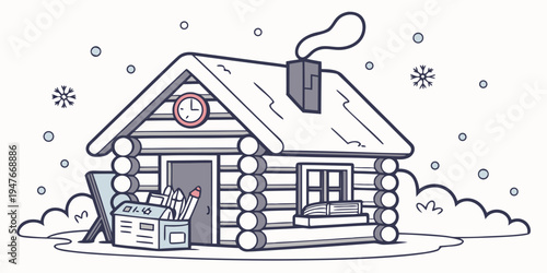 A log cabin with a snow covered roof and a wreath on the door Vector