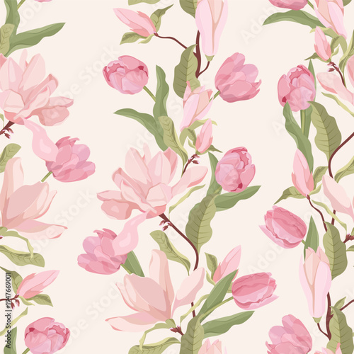 Seamless vector illustration featuring magnolia flowers and tulips. Suitable for decorating textiles, packaging, and wallpaper. Vertical .