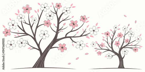 Two trees with pink flowers and falling petals Vector