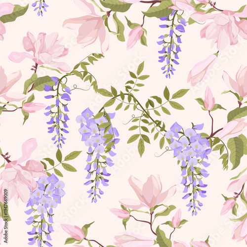 Seamless vector illustration featuring magnolia flowers and wisteria Suitable for decorating textiles, packaging, and wallpaper.