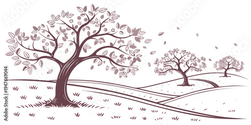 A scenic landscape with trees and falling leaves Vector