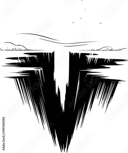 Dramatic Black Chasm Opens in Stark Landscape Under Flying Birds abyss crevice