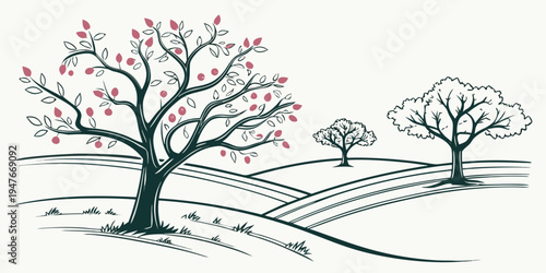 A tree with pink blossoms in a snowy landscape Vector