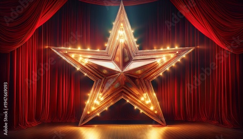 a large star with light bulbs stands on the broadway stage in front of red curtains