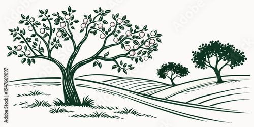 A serene landscape with trees on rolling hills Vector