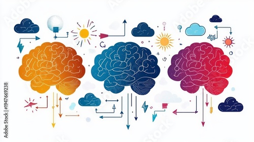 Illustration of three stylized human brains in orange, blue, and red connected by arrows, clouds, sun symbols, and various abstract elements representing thought and data flow