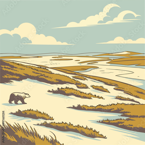 A polar bear walks through a desolate arctic landscape Vector