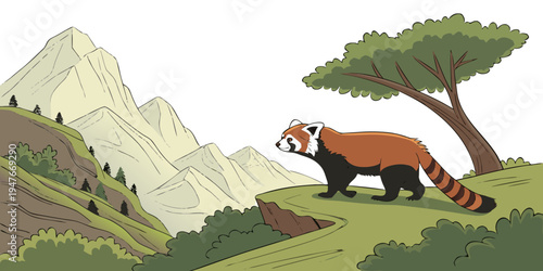 A red panda standing on a grassy hill Vector