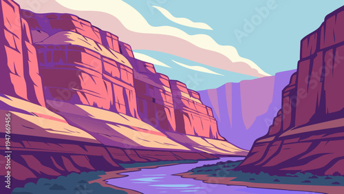 Colorful Canyon Landscape with Winding River Vector