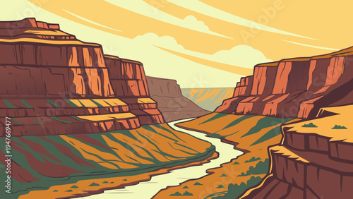 Colorful Canyon Landscape with Winding River Vector