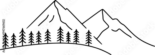 Minimalist black line of pine trees in front of mountain peaks white forest