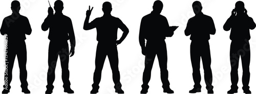 security guard silhouettes, police officer poses, professional security team, standing men silhouettes, law enforcement concept, guard communication equipment