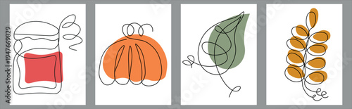 Autumn cozy elements flat vector illustration with a pumpkin, a jar of jam, and autumn leaves