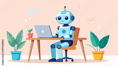 A friendly blue and white robot sits at a wooden desk, diligently working on a silver laptop, surrounded by potted plants in a modern office setting.