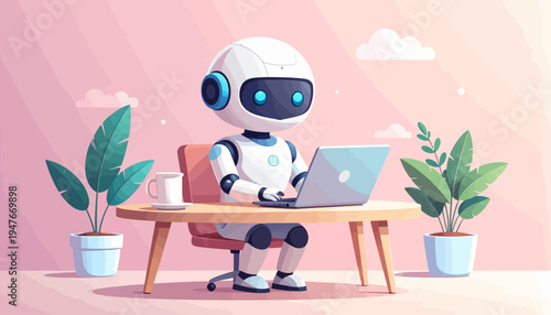 A cute cartoon robot with blue eyes sitting at a wooden desk, working on a laptop, with potted plants and a pink background.